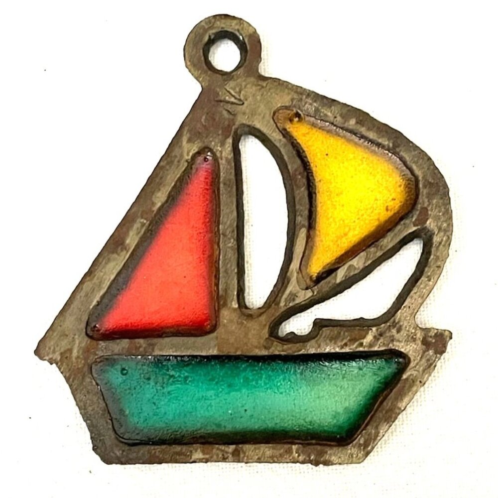 Vtg‎ Stained Glass Sailboat Boat Sun Catcher Ornament Hanging Retro Colorful